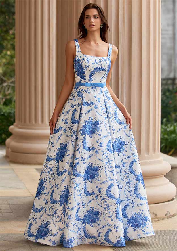printed satin dress Floral Print Satin A-line Prom Dress with Open Back and Sash