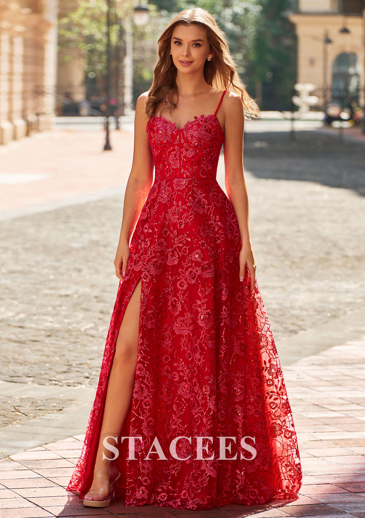 Red Glittering Floral Embroidery A-Line Prom Dress with Spaghetti Straps - STACEES