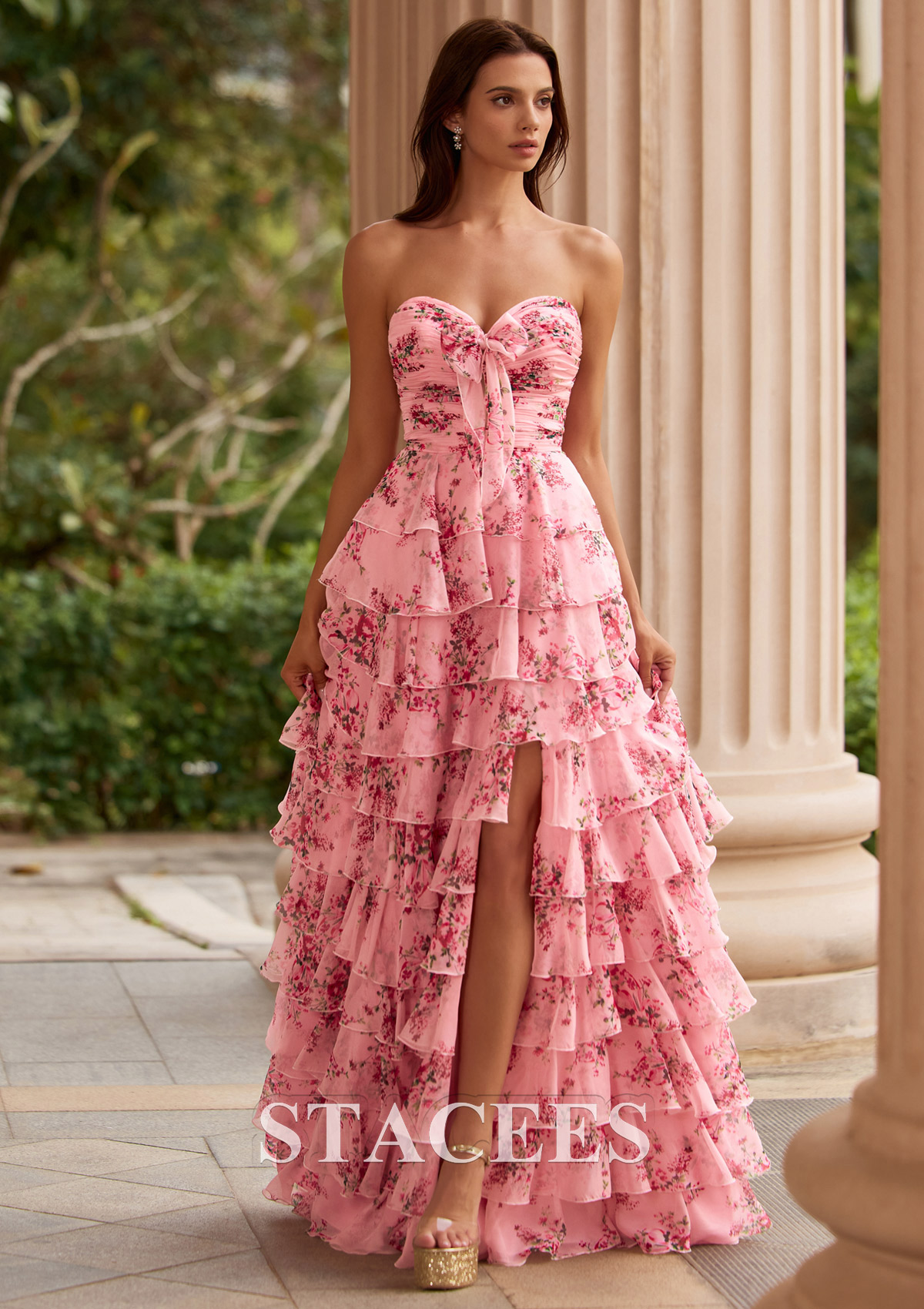 pink floral ruched dress Stacees 2026 Pink Floral Print Ruched Strapless Prom Dress with Tiered Ruffle