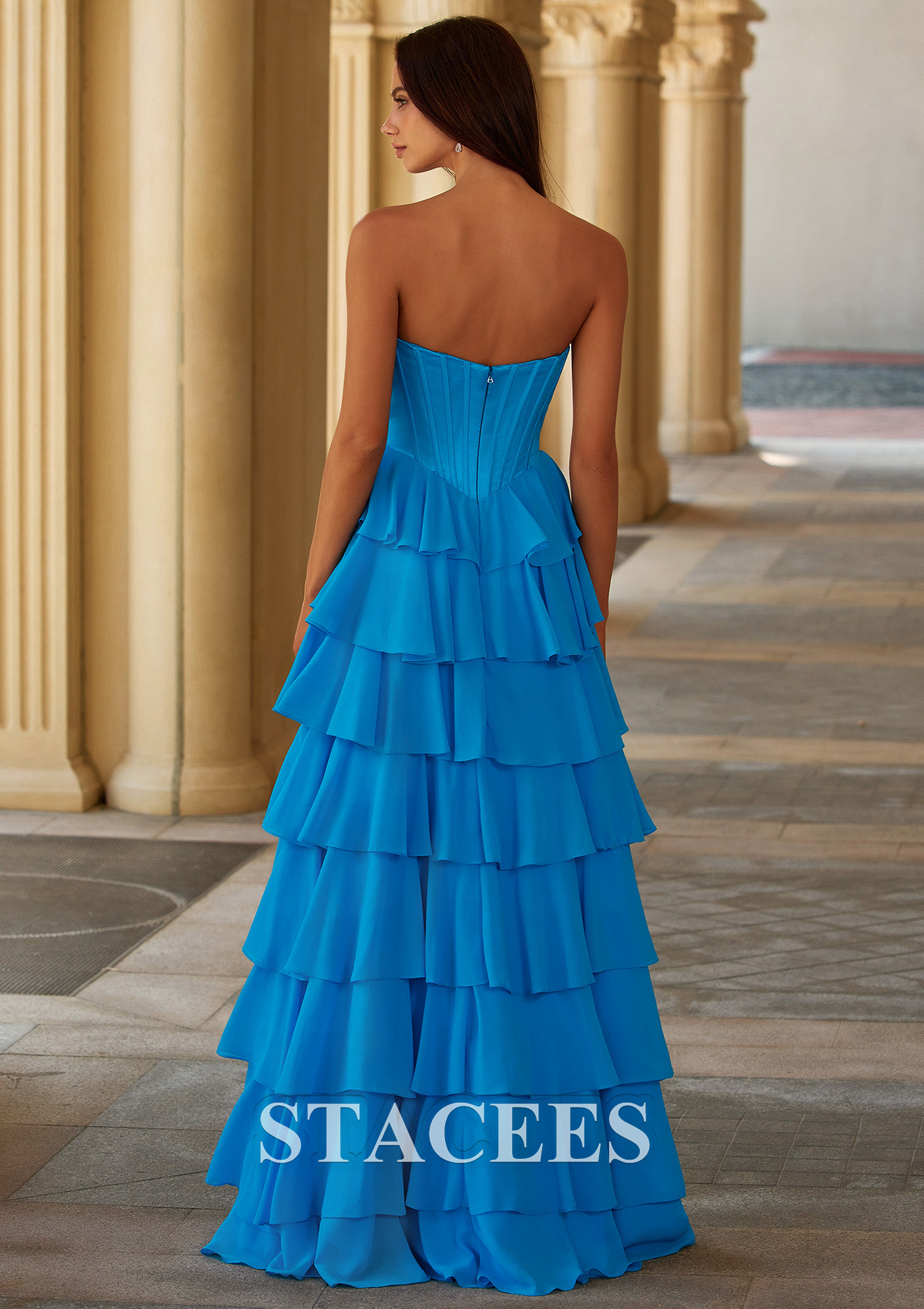 Azul Vestido línea a cuello de corazón satén hasta el suelo vestido de graduación - STACEES