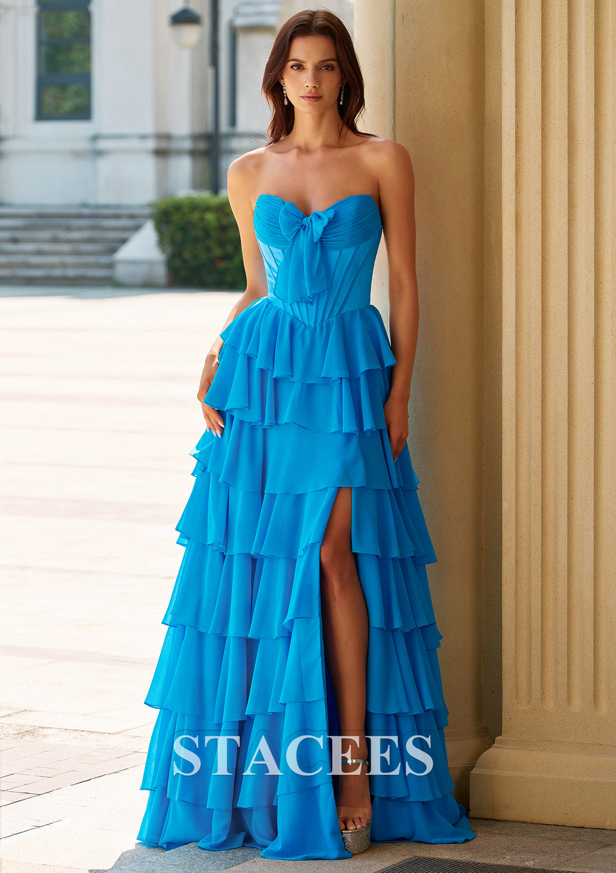 Azul Vestido línea a cuello de corazón satén hasta el suelo vestido de graduación - STACEES