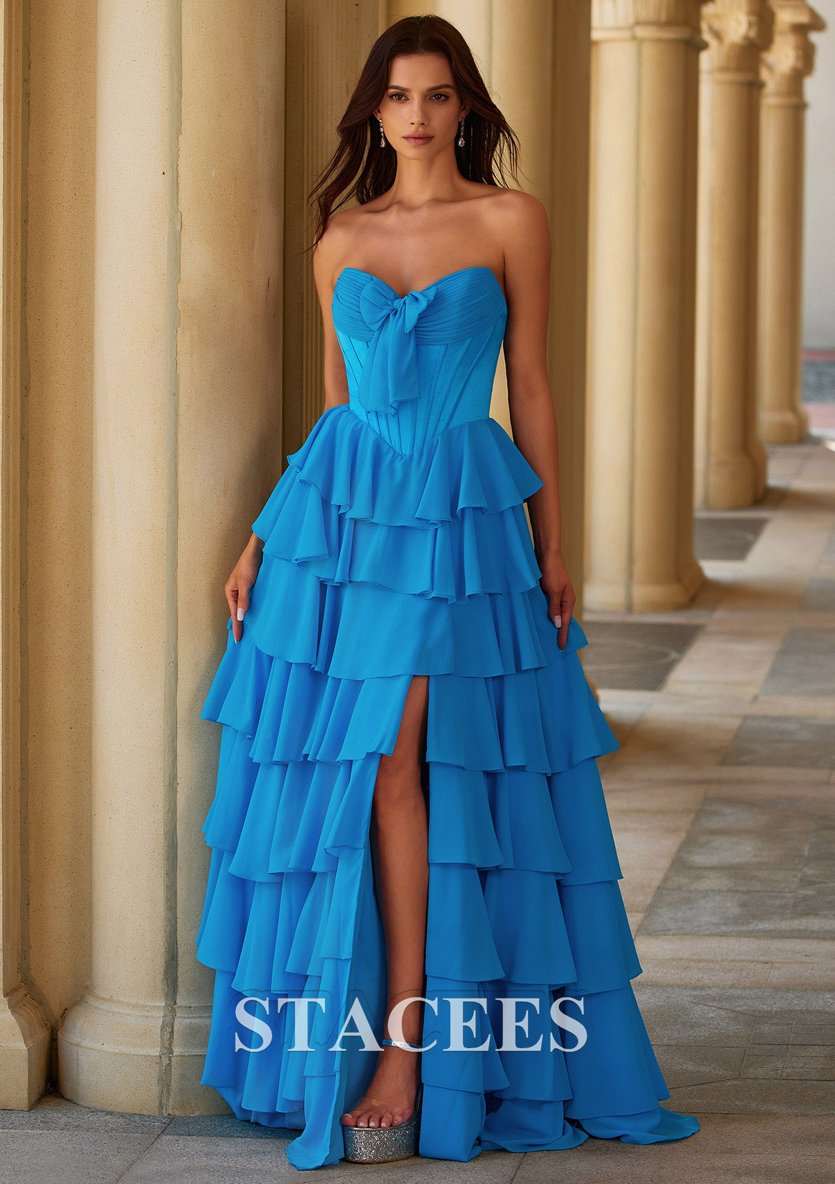 Azul Vestido línea a cuello de corazón satén hasta el suelo vestido de graduación - STACEES
