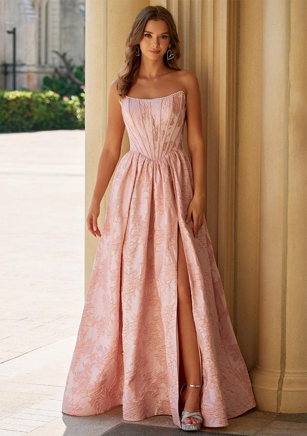 A-line Strapless Corset Floral Jacquard Prom Dress with High Slit Pockets