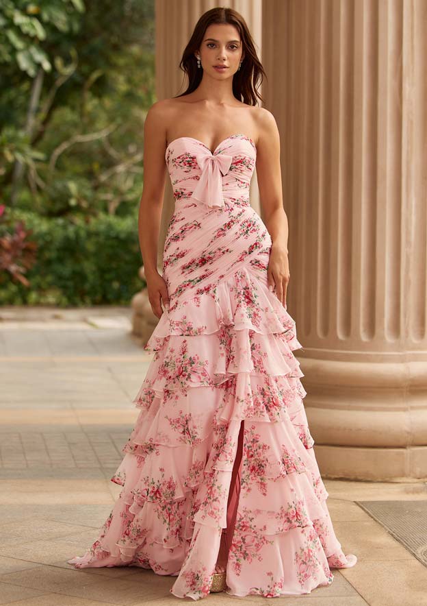 A-line Pleated Strapless Floral Print Chiffon Ruffle Tiered Prom Dress with Bow