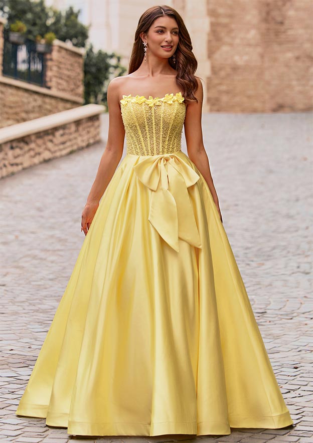 Ball Gown Floral Strapless Beads Sheer Corset Prom Dress with Bowknot