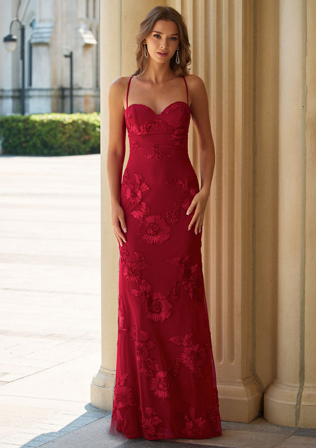 Fitted Floral Jacquard Spaghetti Strap Prom Gown with Open Lace-Up Back