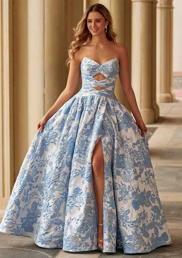 Vintage Strapless Floral Metallic Brocade Prom Dress with Corset Back Slit