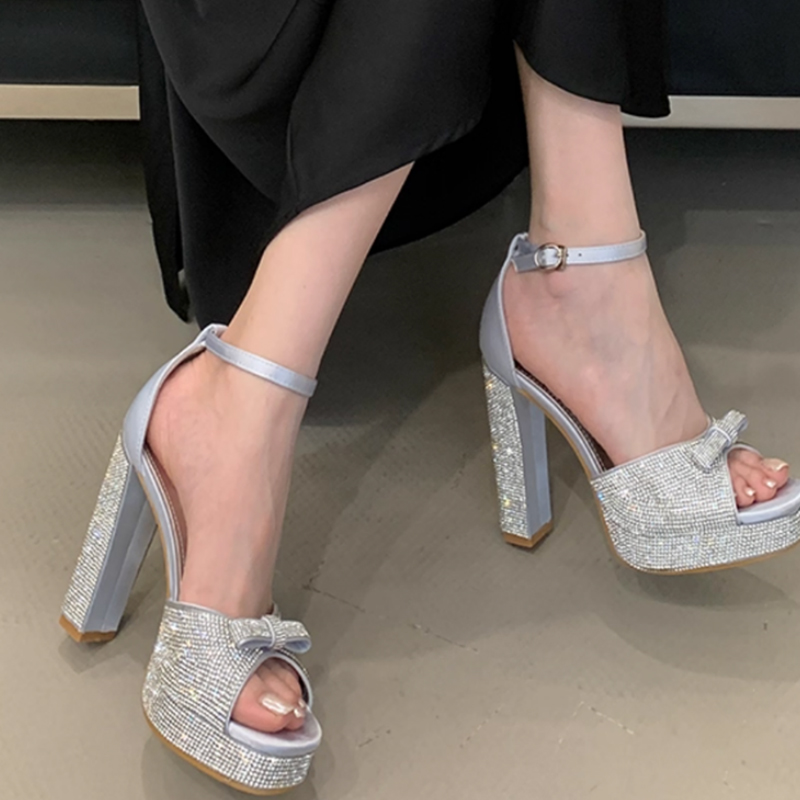 Zapatos de cuero de microfibra con punta abierta tacón ancho plataforma con tira al tobillo hebilla y strass