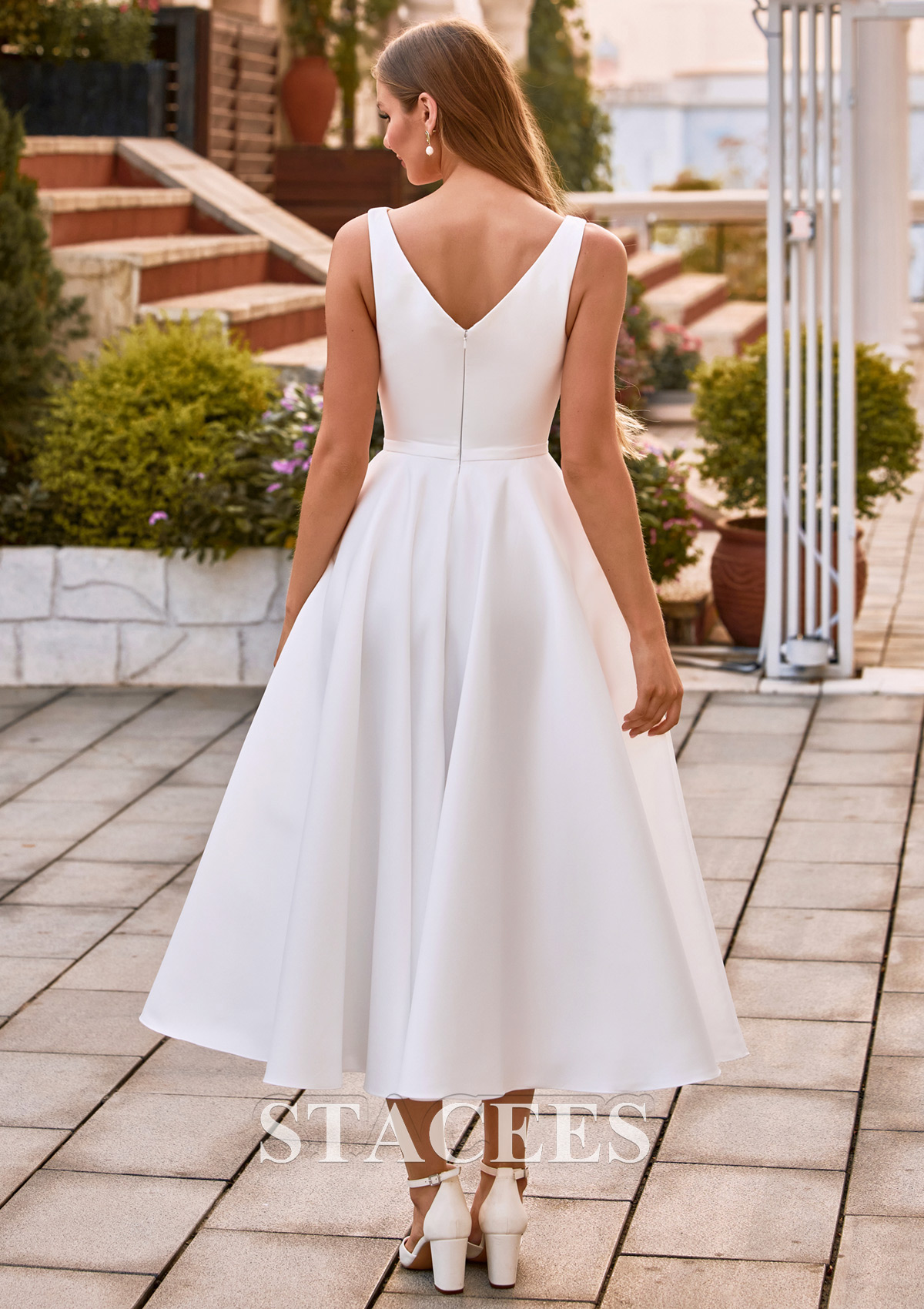 Ivory Classic A-Line V-Neck Tea-Length Wedding Dress with Pockets