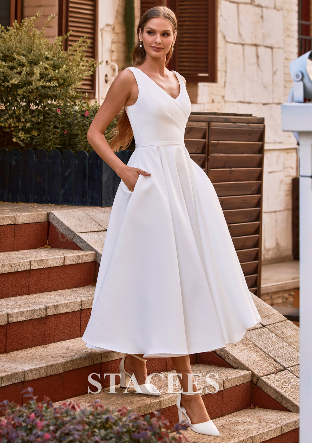 Ivory Classic A-Line V-Neck Tea-Length Wedding Dress with Pockets