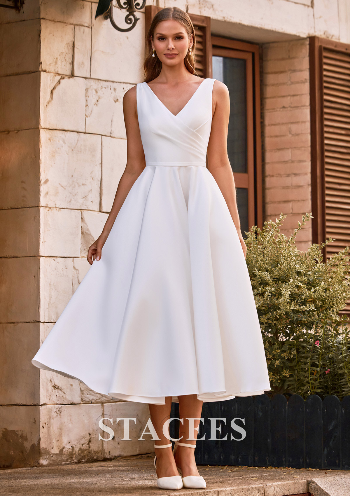 Ivory Classic A-Line V-Neck Tea-Length Wedding Dress with Pockets