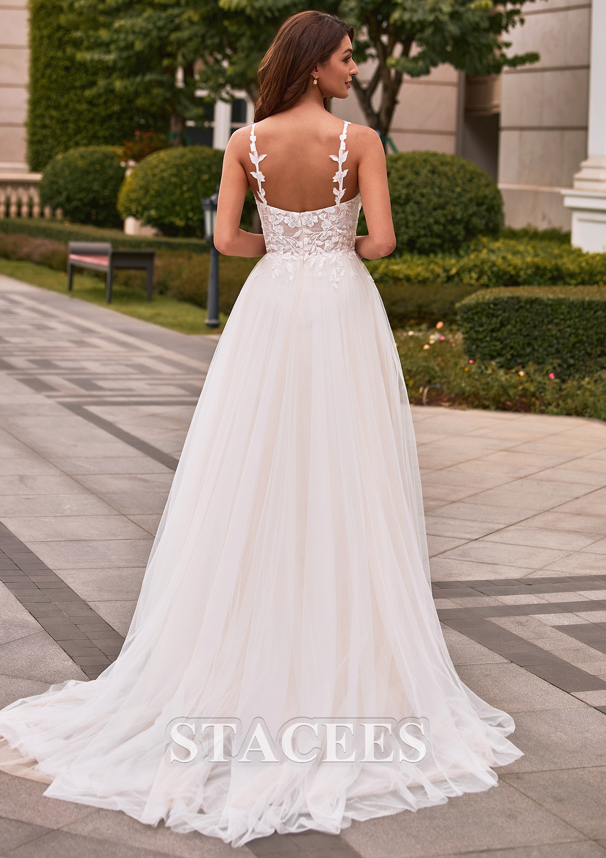 Ivory/Champagne Romantic A-line Plungimg V Neck Court Train Wedding Dress with Glitter - STACEES