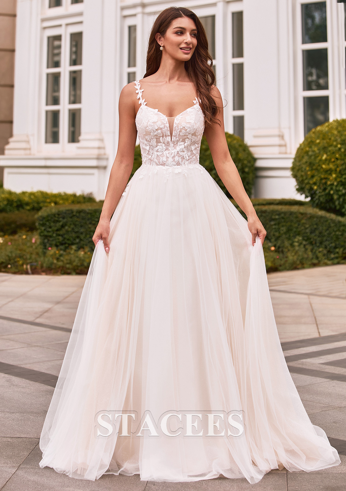 Ivory/Champagne Romantic A-line Plungimg V Neck Court Train Wedding Dress with Glitter - STACEES