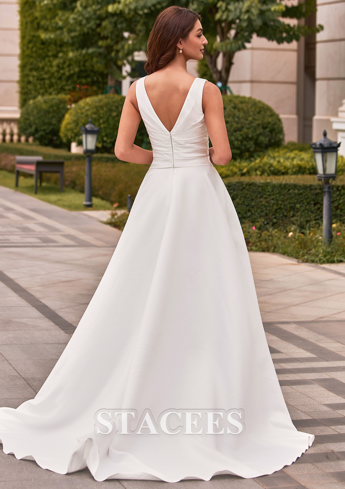 Ivory Classic A-line V Neck Satin Court Train Wedding Dress with Pleated