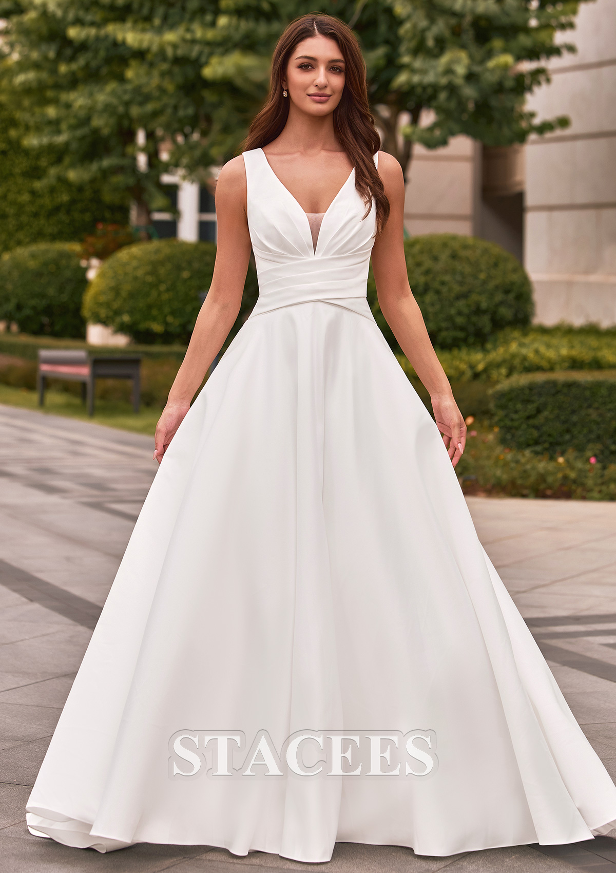 Ivory Classic A-line V Neck Satin Court Train Wedding Dress with Pleated