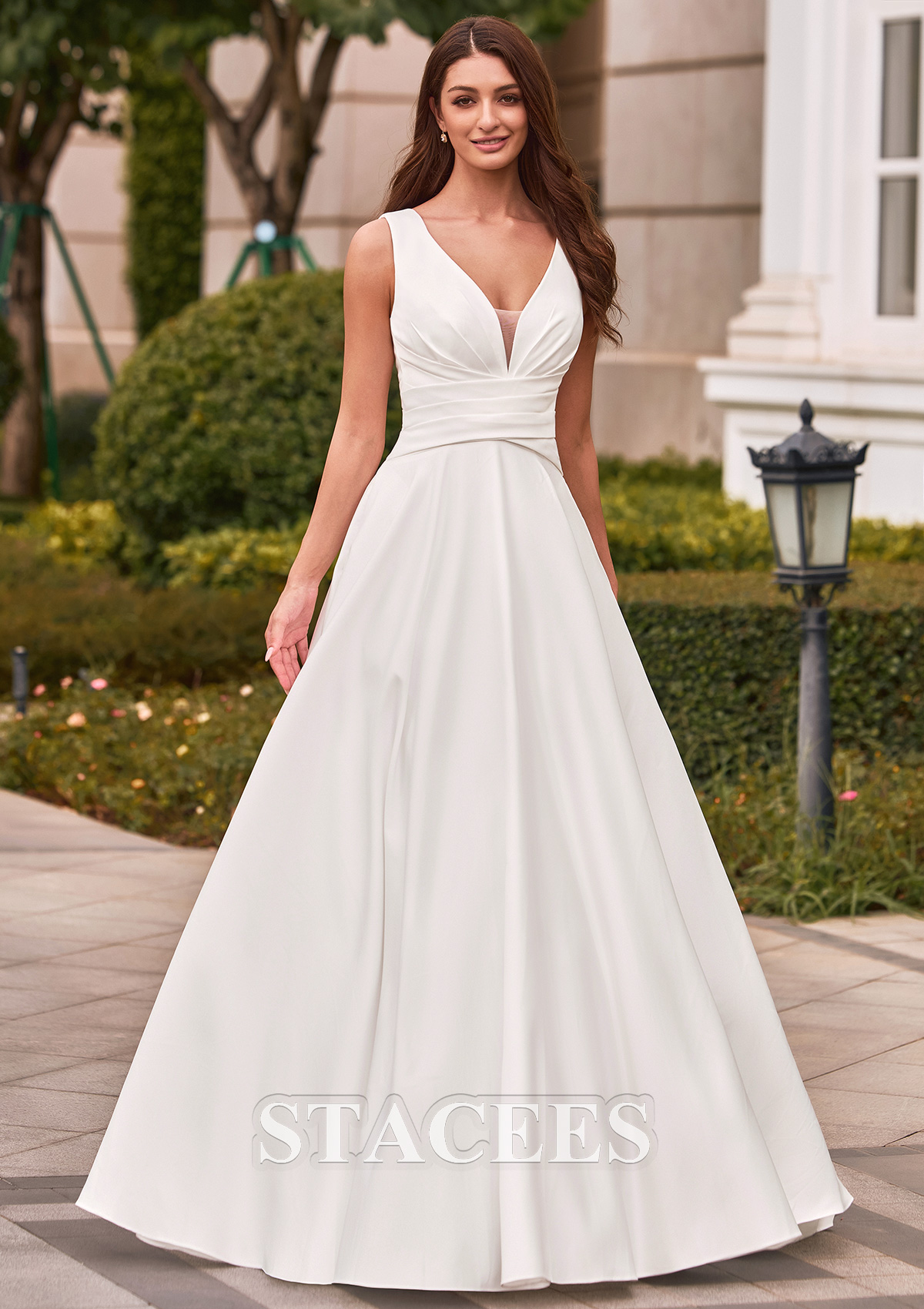 Ivory Classic A-line V Neck Satin Court Train Wedding Dress with Pleated