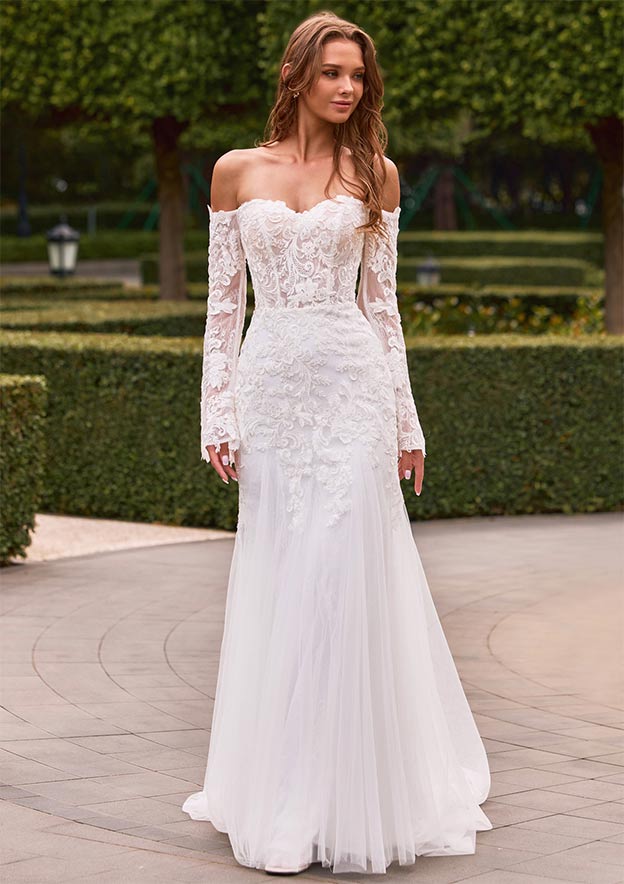 sheer lace corset wedding dress Davinci Bridal 50774 Long Sleeve Sheer Corset Lace Mermaid Wedding Dress Bridal Gown 14 / Ivory/Nude