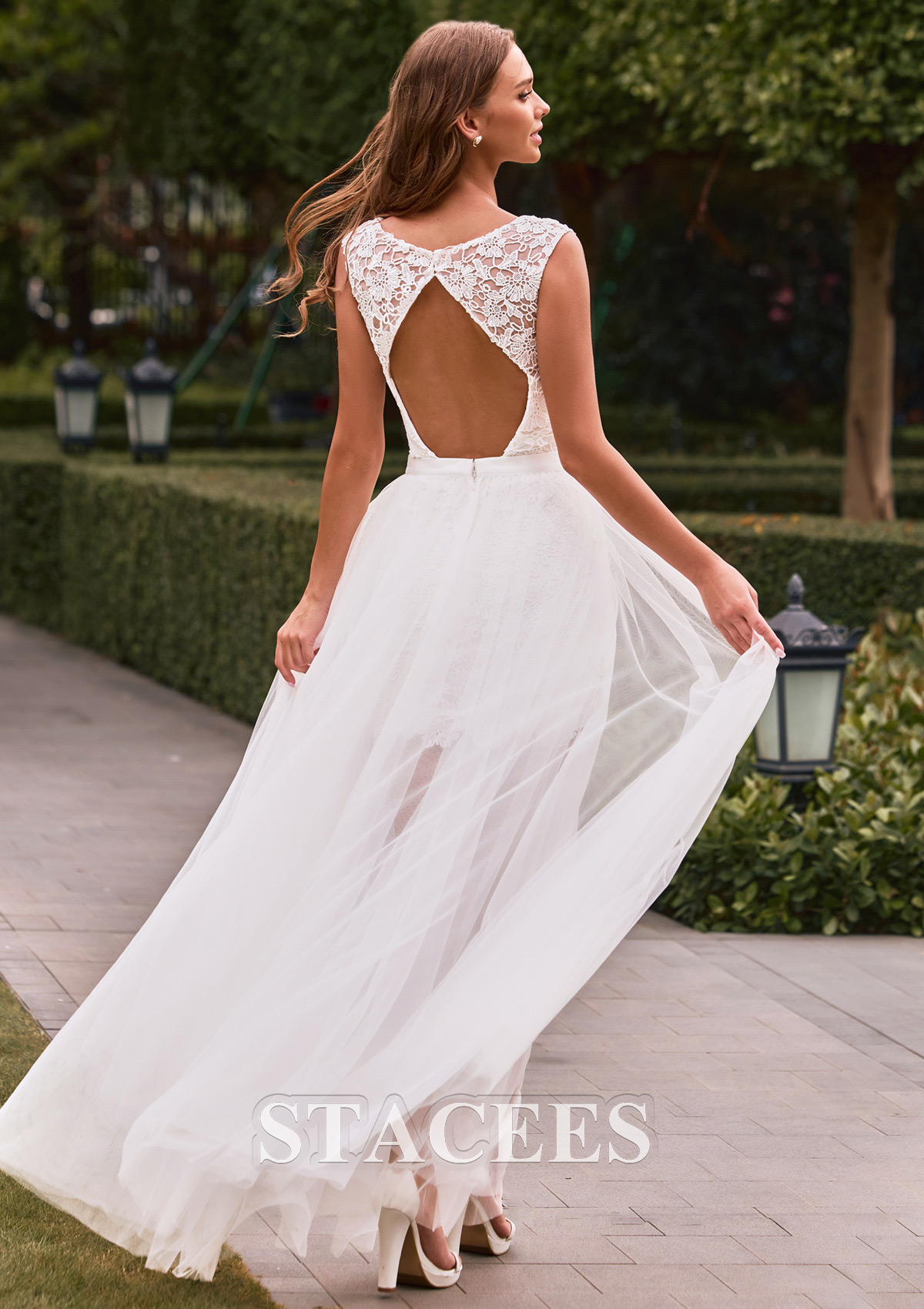 Ivory Elegant A-line Tulle Lace Floor Length Wedding Dress with Keyhole Back - STACEES