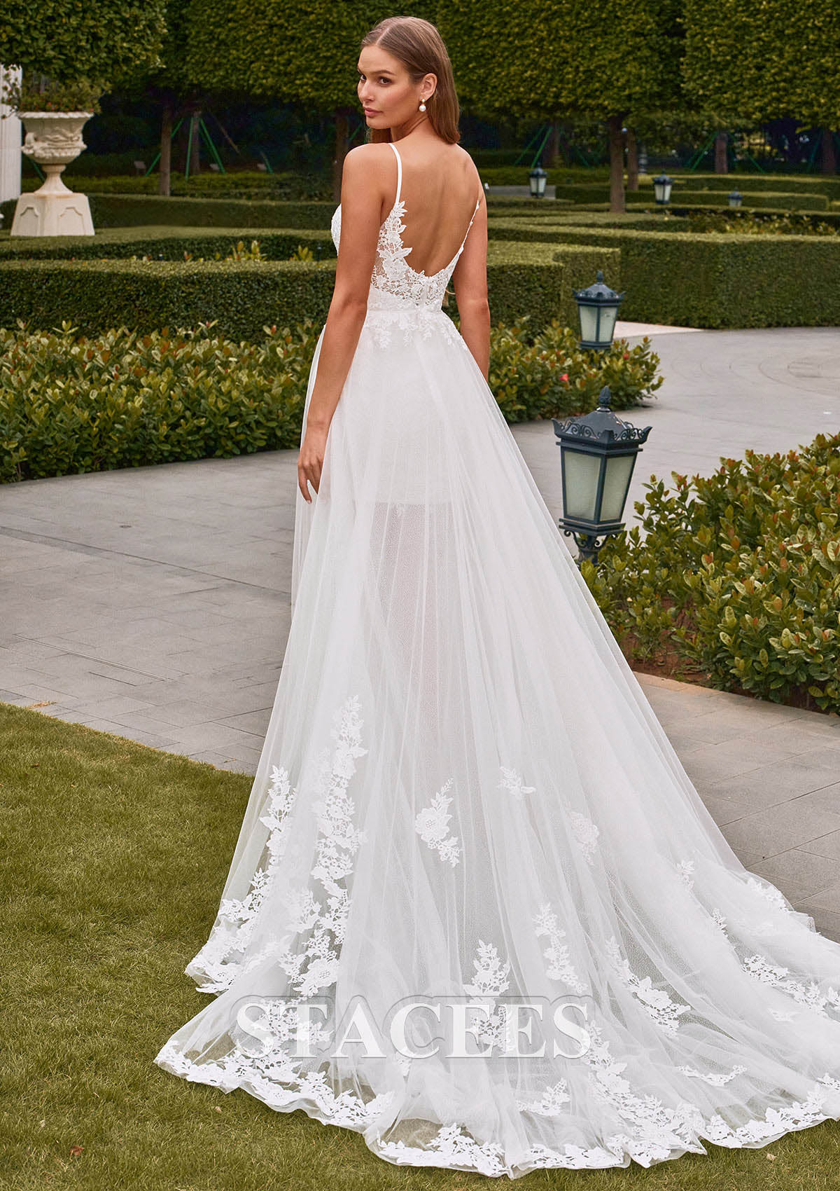 white plunging v neck dress Sheer-Sleeved Deep V-Neck Wedding Dress with Floral Accents and Graceful Train Custom Made