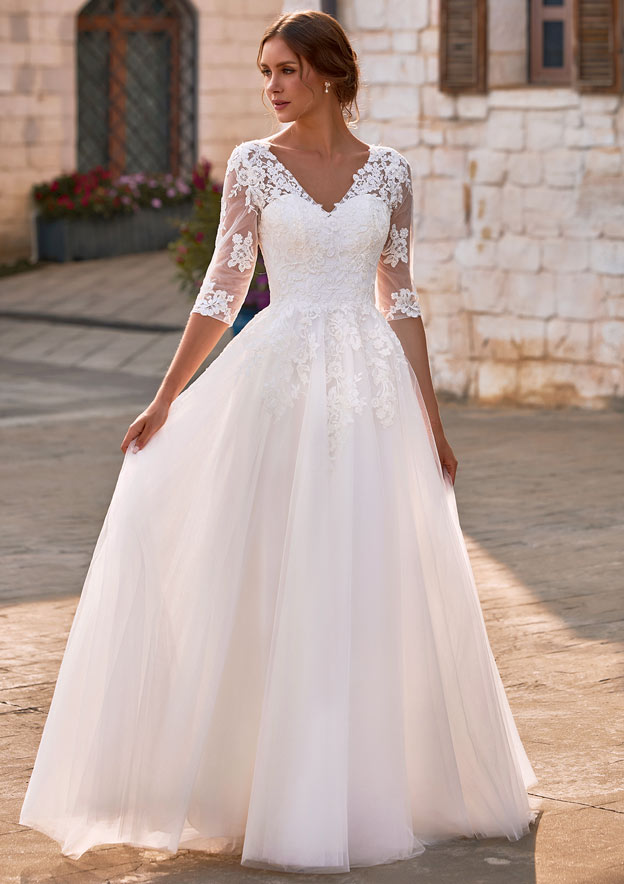half sleeve a line wedding dress Elegant A-line Half Sleeve Sweep Train Wedding Dress with Lace Sequins  S3217W - Wedding Dresses