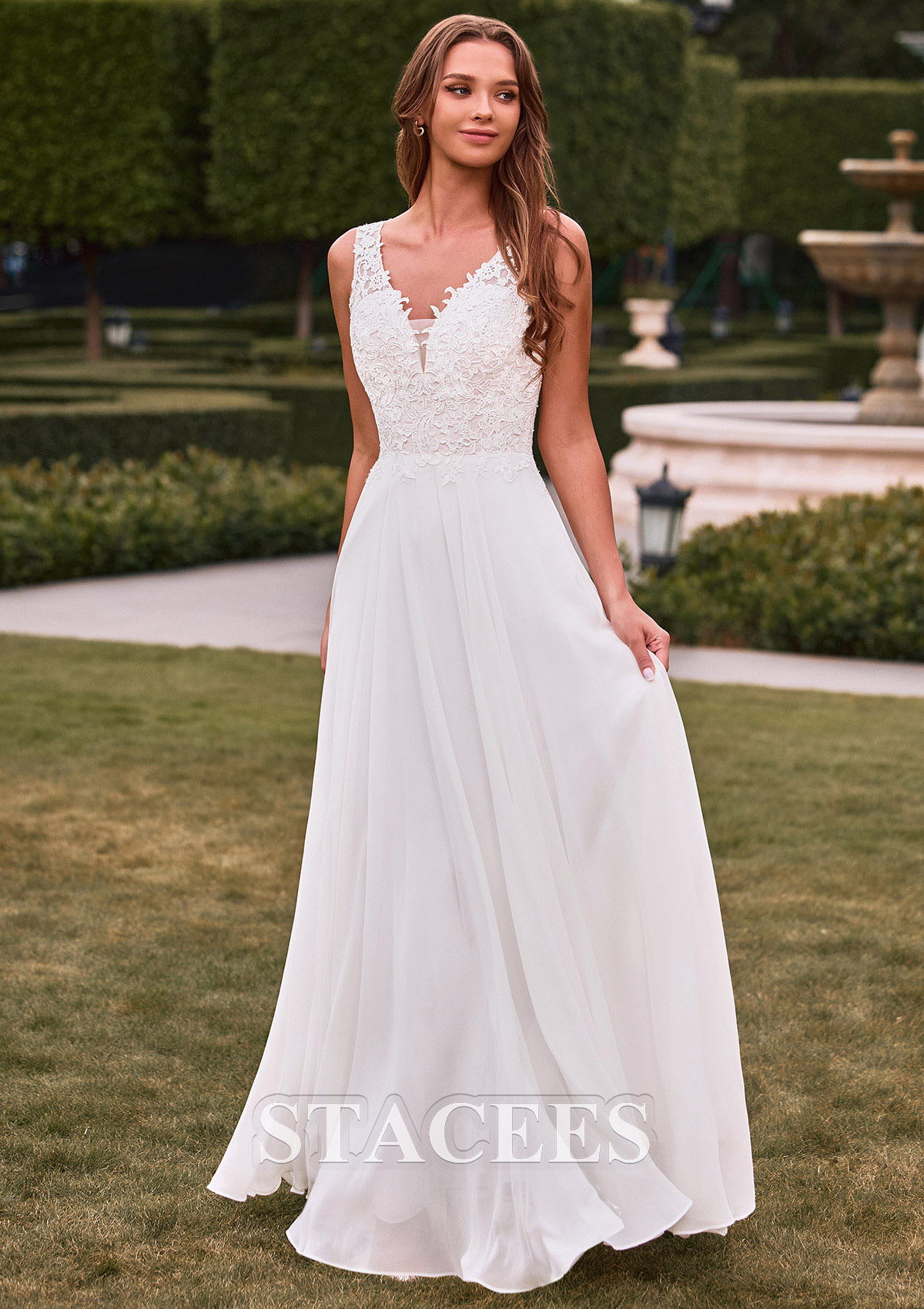 chiffon wedding dresses with straps A-line Spaghetti Strap White Lace Chiffon Beach Wedding Dress WD290 US6 / White