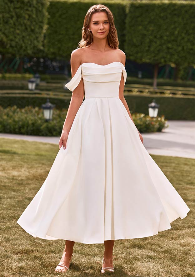 elegant wedding reception dress Stacees 2026 Elegant Off-the-Shoulder Tea-Length Reception Wedding Dress with Pockets