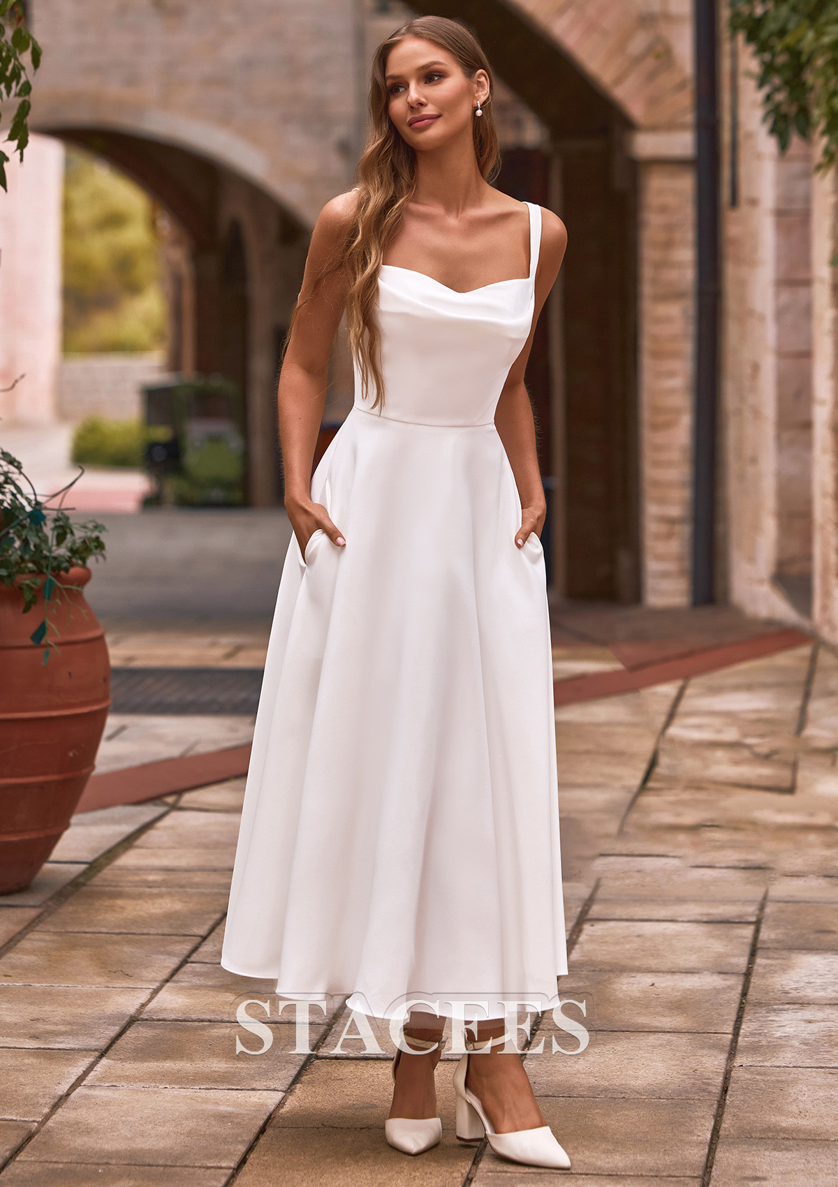 a neck line dress Satin V-Neck Tea Length A-Line Dress