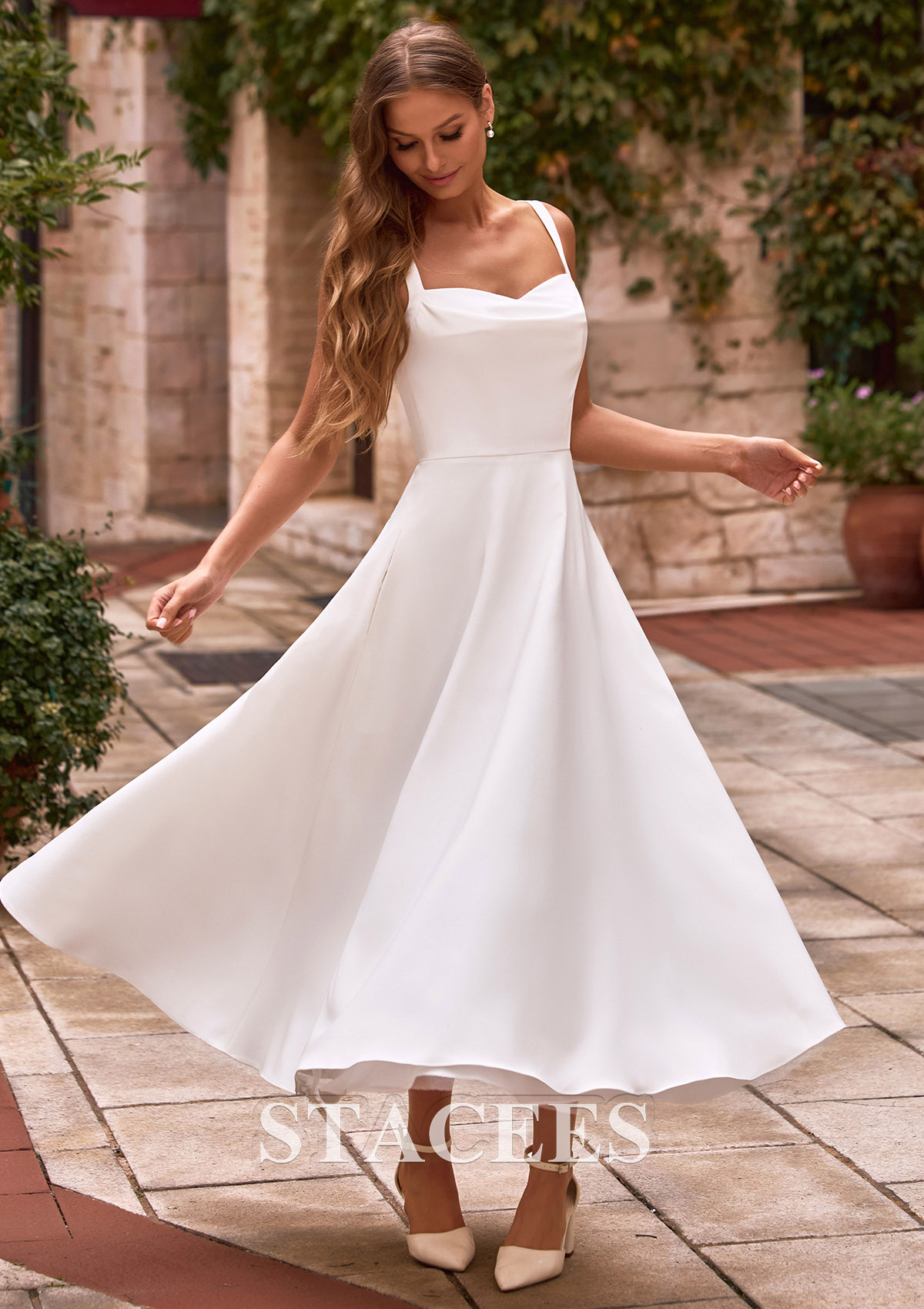 a line tea length dresses for weddings Square Neckline A-Line Tea Length Prom Dress