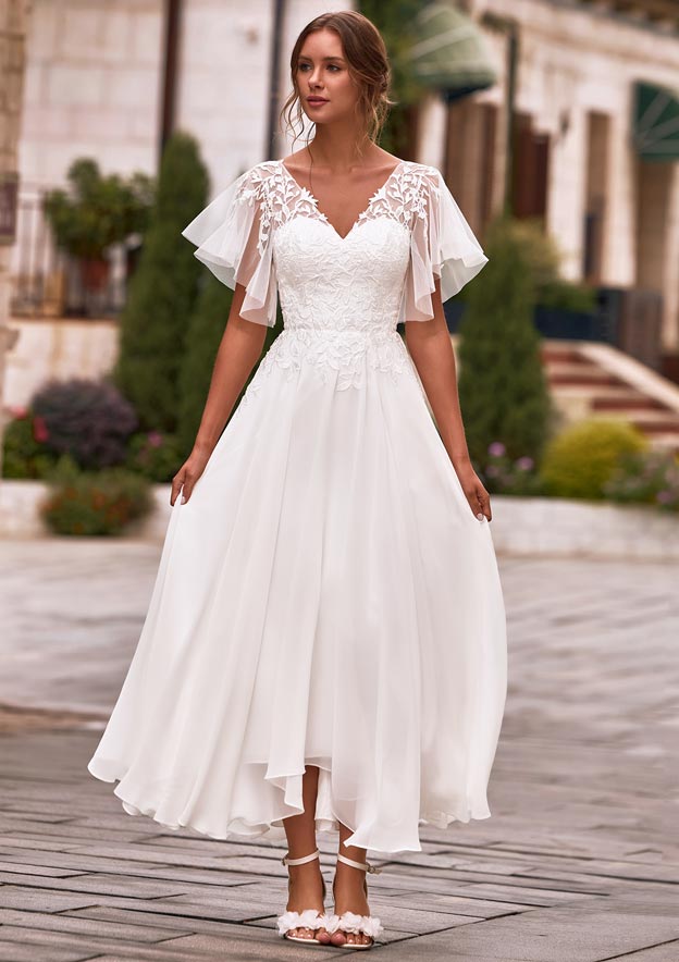 a-line v-neck floor-length chiffon lace wedding dress V-Neck Floor-Length Chiffon Wedding A-Line Gown Jovani JB43905