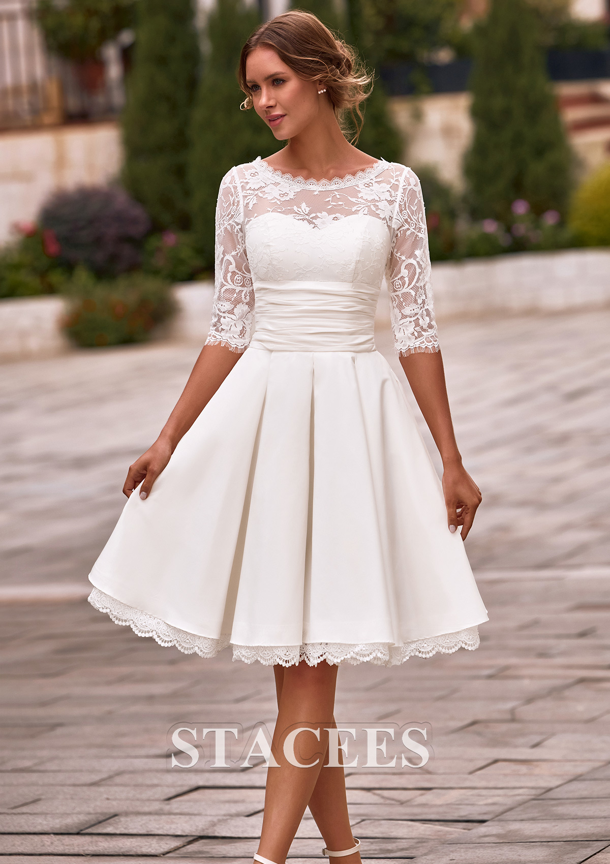 knee length white lace dress Stacees 2026 A-line V Neck Lace Knee-Length Wedding Dress with Pleated Sashes