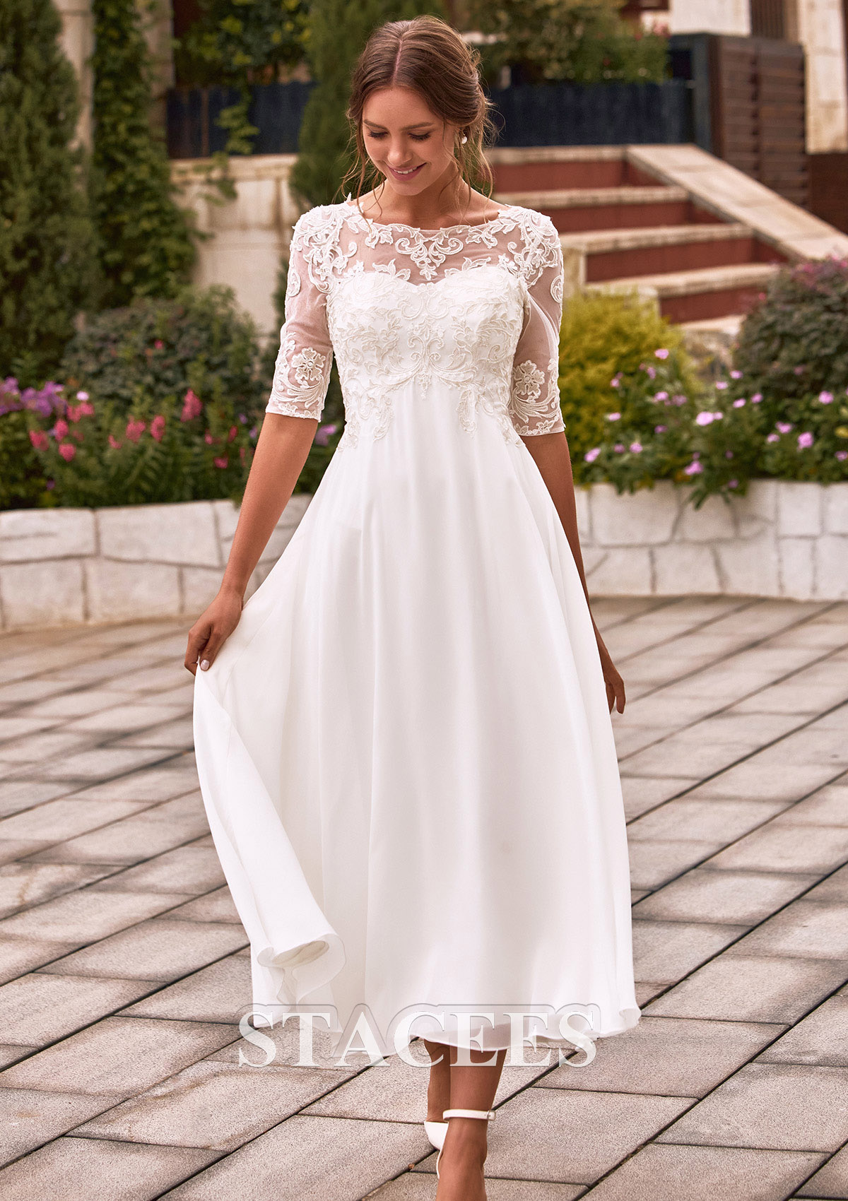 lace chiffon wedding dress Stacees 2026 Wedding Dress Vintage Tea-Length A-Line Bridal Gown with half Lace Sleeves
