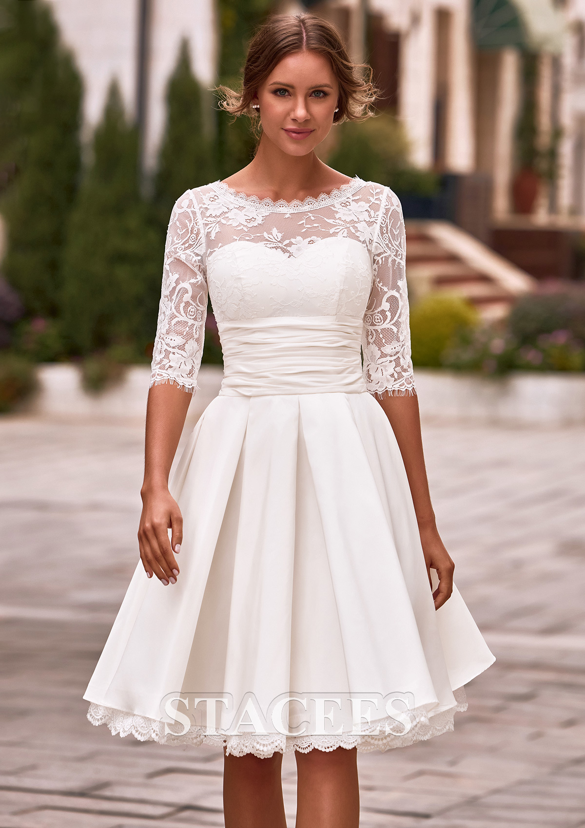 ivory lace knee length wedding dress Alie Street Katherine Lace Wedding Dress Ivory