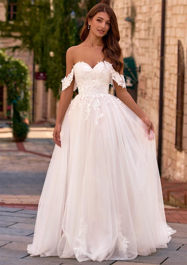 off the shoulder lace up dress Gorgeous Off-the-Shoulder Appliqued Lace Tulle Wedding Dress with Lace-up  Back S3193W - Wedding Dresses