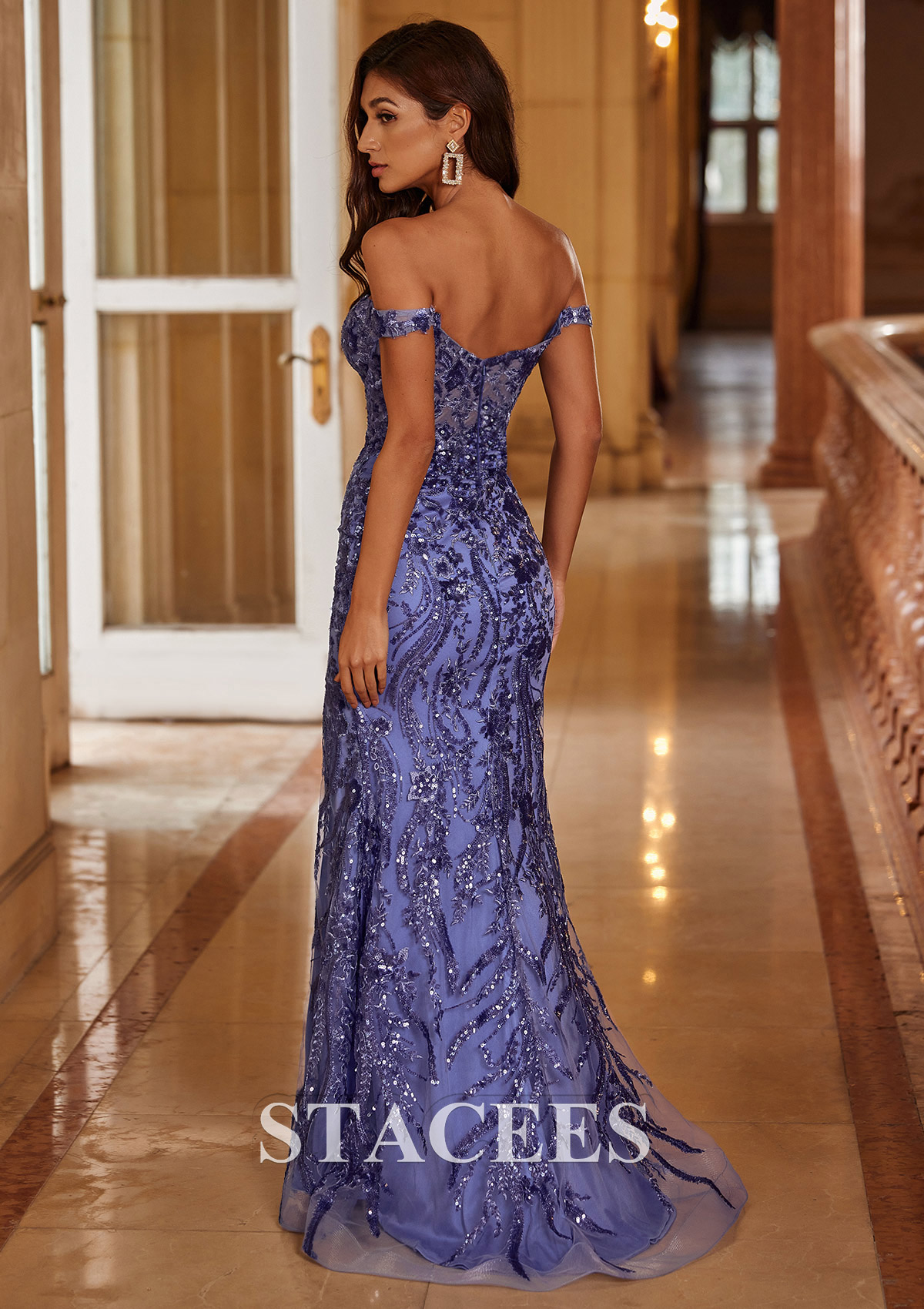 a-line off-the-shoulder sweep train chiffon prom dresses with lace sequins Stacees 2026 A-line Blushing PinkRuffled Prom Dress Off the Shoulder Sequins Slit