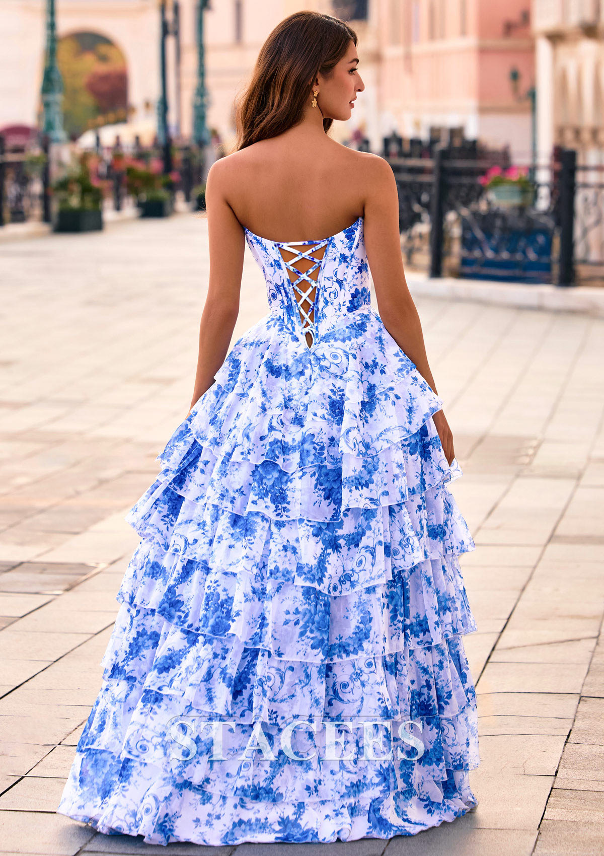 stacees prom dress nearby Stacees 2026 Ivory A-line Prom Dress with Floral Sheer Lace Corset Ruffle Skirt