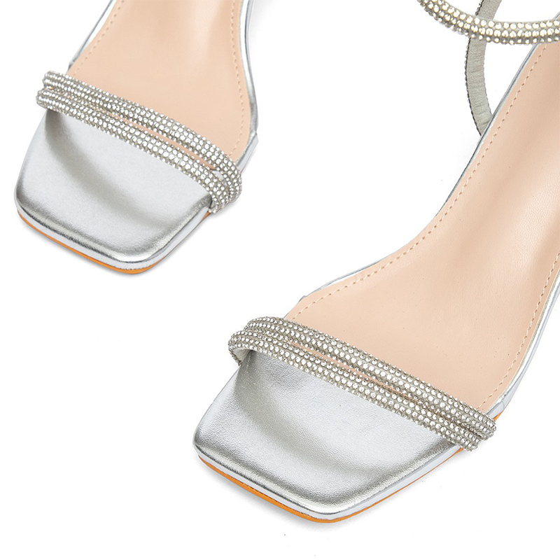 Silver Square Toe Heels PU with Ankle Strap Buckle Rhinestone Girl's Prom Special Occasion Shoes - STACEES