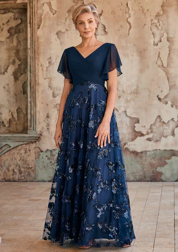 mother of the bride wrap dress Bedazzled Asymmetrical Off Shoulder Dresses With Floral Skirt short sleeves Zapaka Women Navy V-Neck Mother