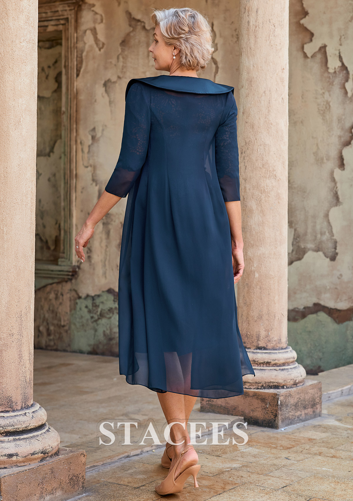 navy chiffon knee length dress Sl Fashions Plus Size Overlay Sheath Dress - Navy