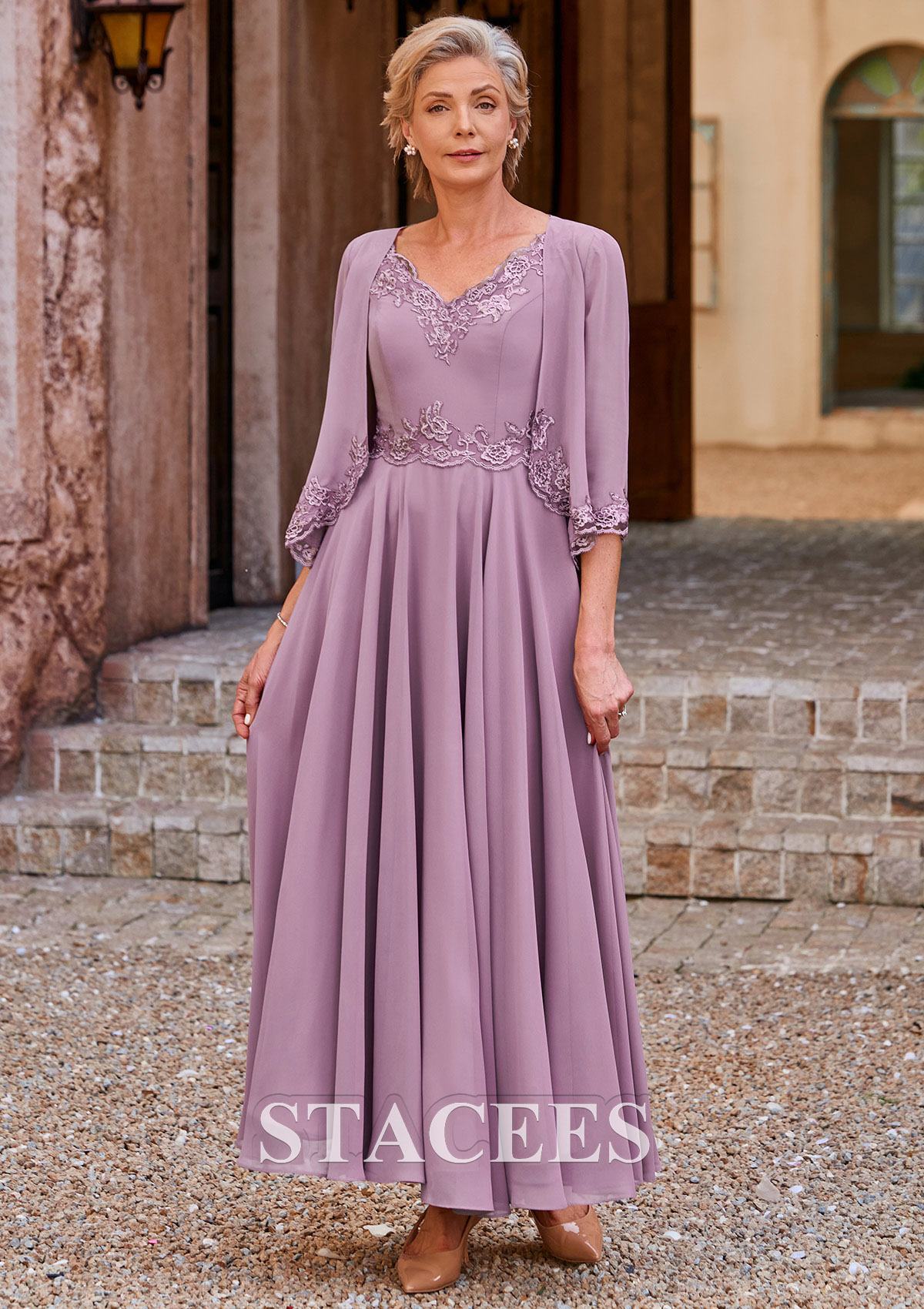 v neck chiffon purple dress A-line V Neck Chiffon Ankle-Length Mother of the Bride Dress with Lace  Applique Jacket S5041M - Mother of the Bride Dresses