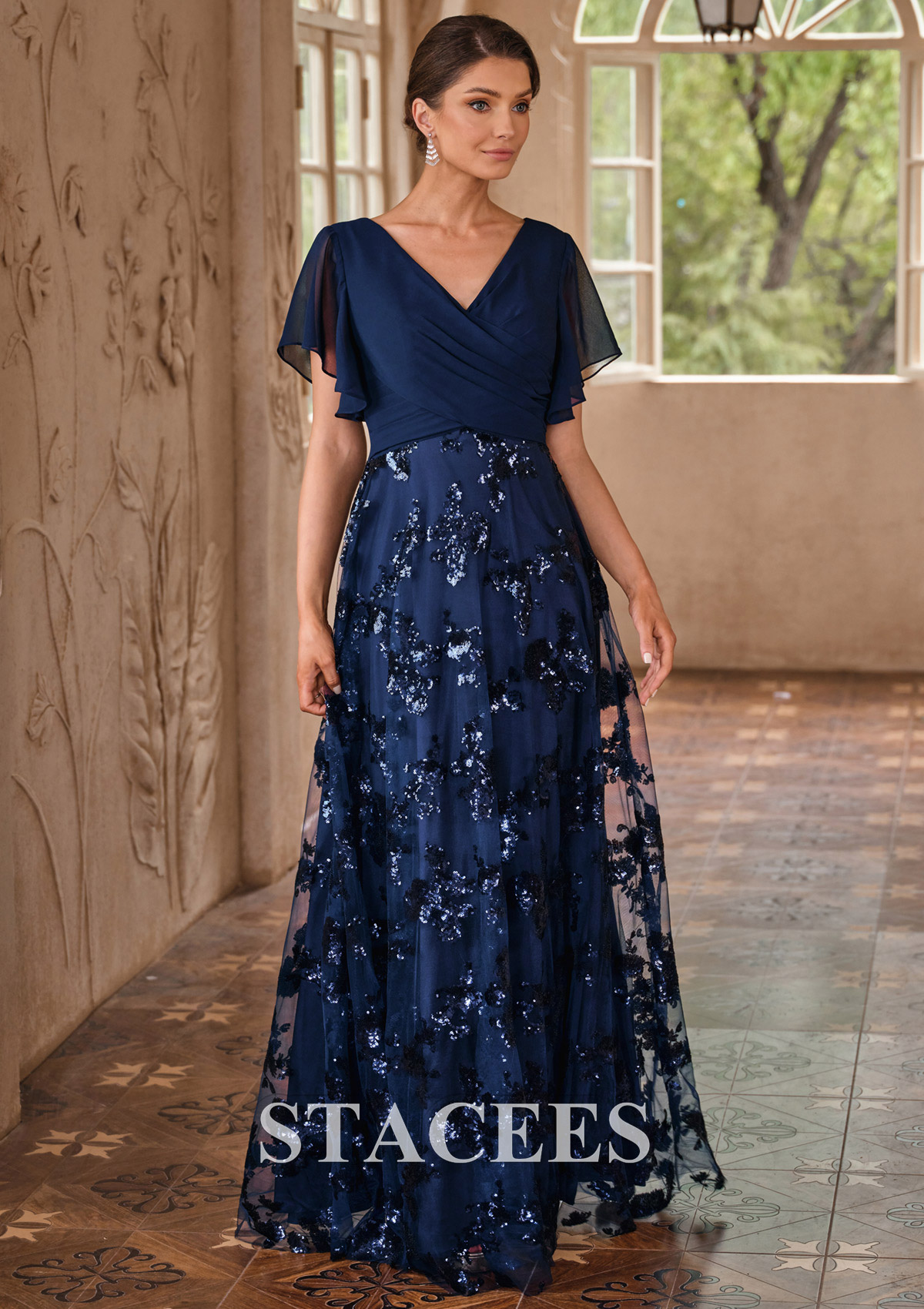 evening dress with sleeves pattern A-line Floral Sequin Mother of the Bride Dress with Short Flutter Sleeves  S5051MB - Mother of the Bride Dresses