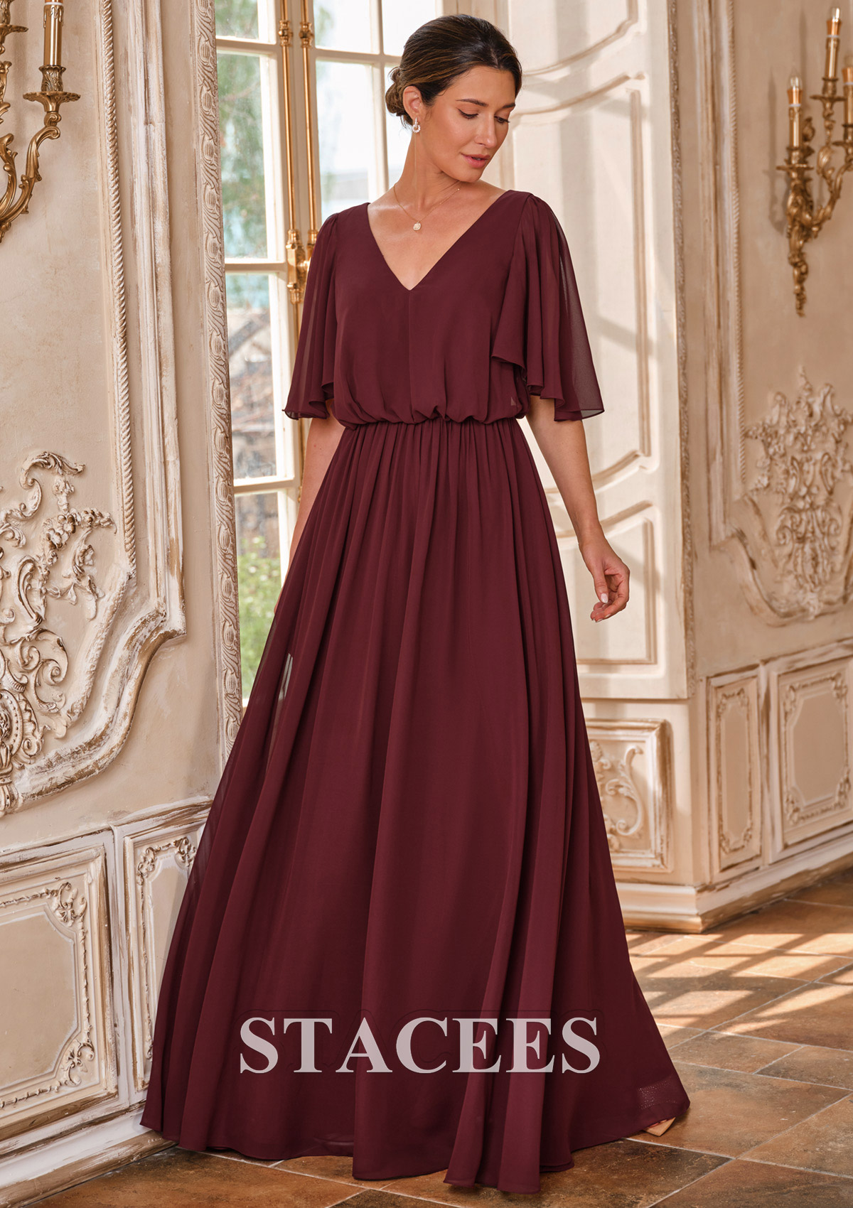bhldn flutter-sleeve v-neck floral chiffon a-line maxi dress BHLDN Asha Flutter-Sleeve V-Neck Chiffon Maxi Dress
