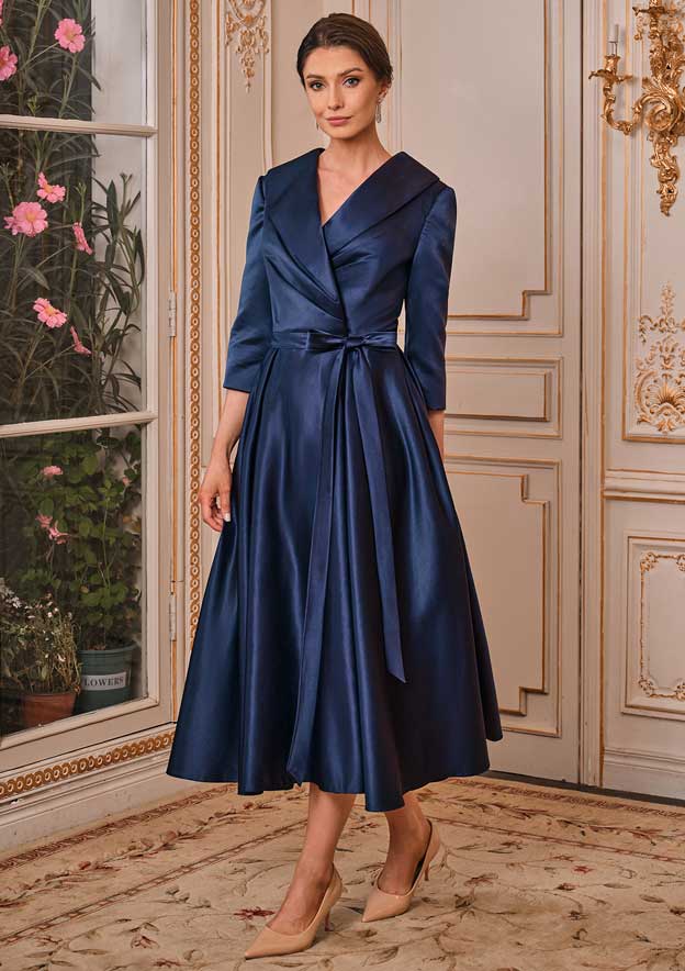 navy blue tea length dress Navy Blue Off-The-Shoulder A-Line Satin Tea Length Mother of The Bride Dresses