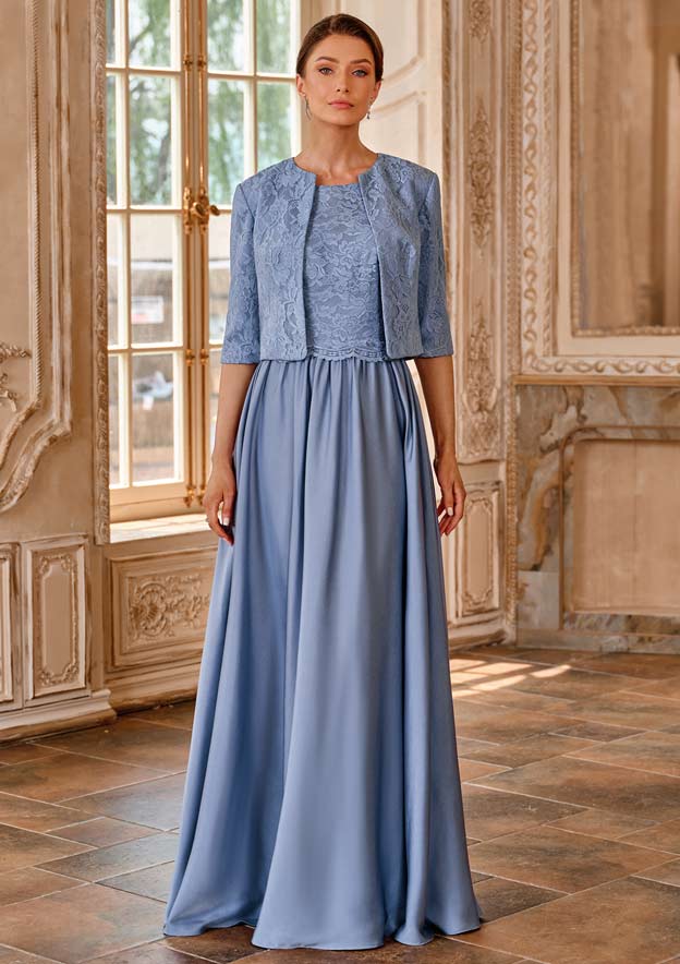 grey lace dress and jacket Two-Piece A-line Stretch Satin Mother of the Bride Dress with Lace Half  Sleeve Jacket S5128M - Mother of the Bride Dresses