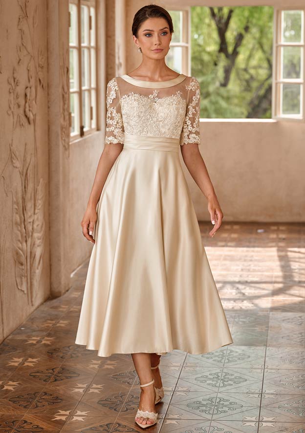lace and satin mother of the bride dresses Mother of the Bride Dress A-Line 2026 V-neck Champagne Long Sleeves