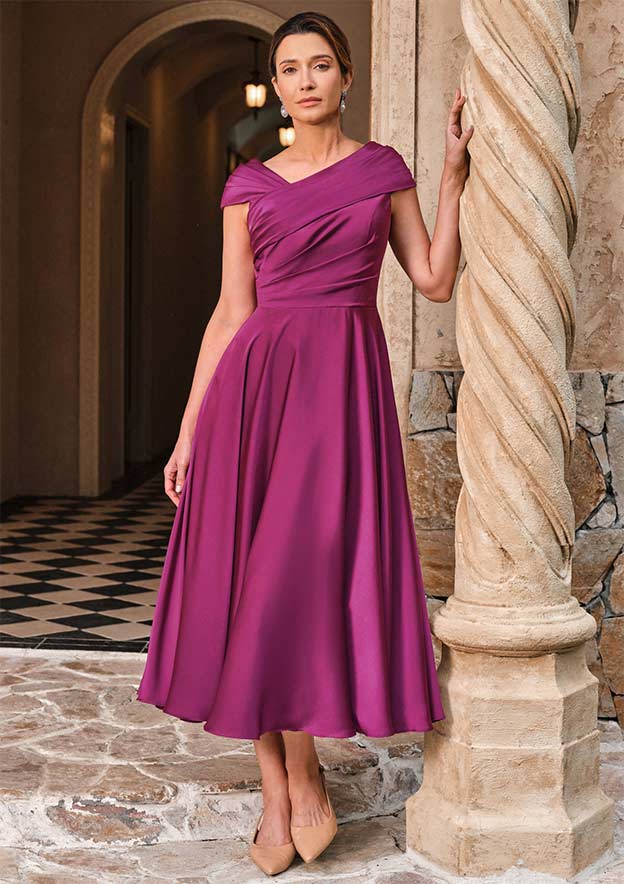 A-line Tea-Length Stretch Satin Mother of the Bride Dress with Ruched Cap Straps