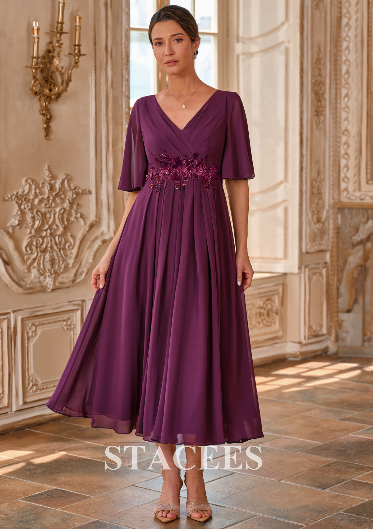 tea length dress with empire waist A-line Tea-Length Chiffon Mother of the Bride Dress with Flutter Sleeves  and Floral Beaded Empire Waist S5030M - Mother of the Bride Dresses
