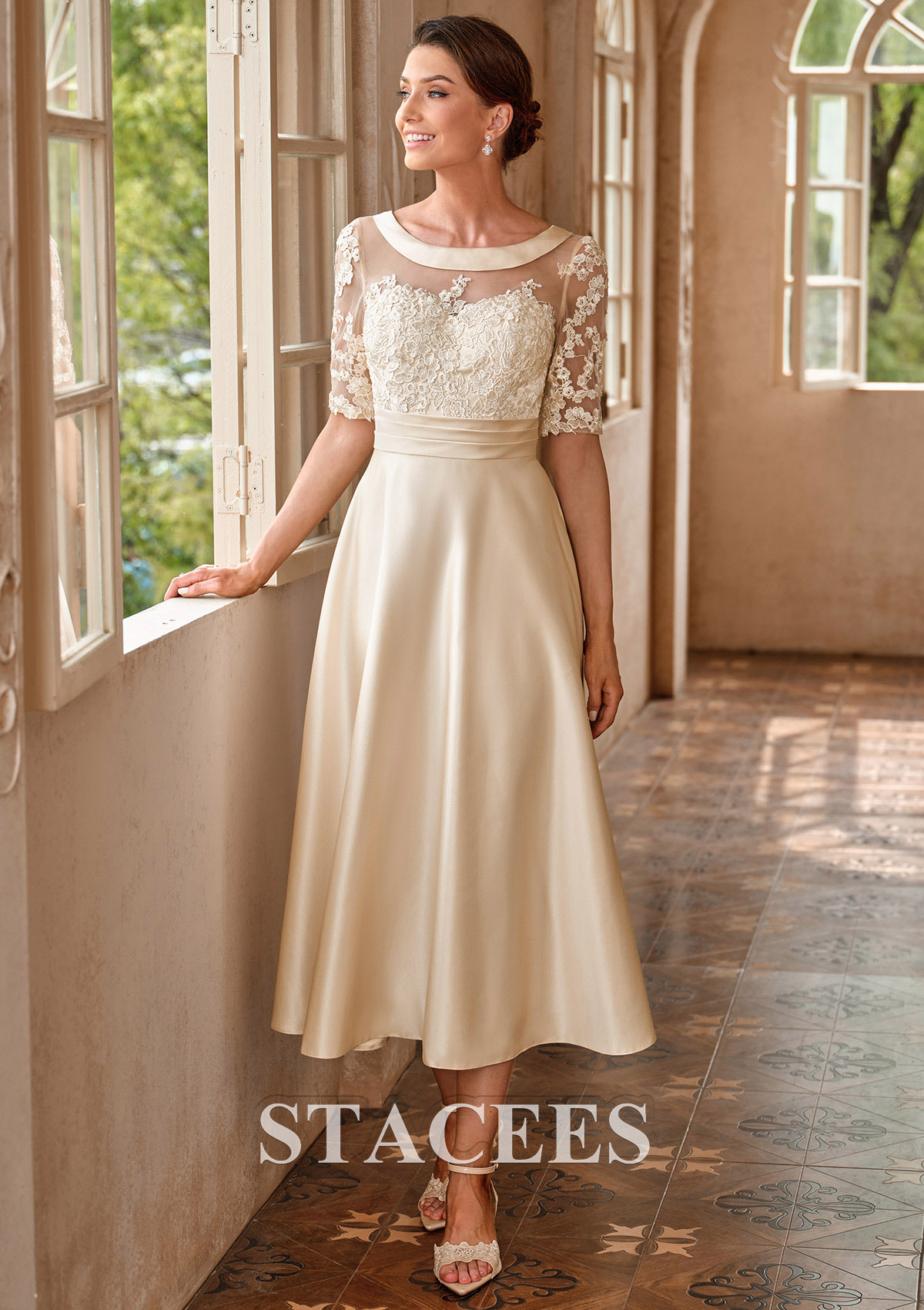 mother of the bride lace tea length dresses Sheath/Column Scoop Lace Mother of the Bride Dresses Floral Long Sleeves Tea-Length, As Pic