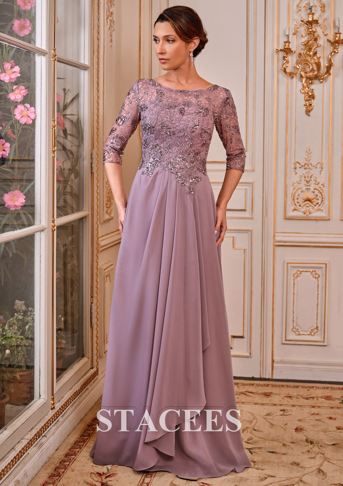 chiffon mother of groom dresses Stacees A-line the Bride or Dress with Beaded Lace 3/4 Sleeves Sleeve Style A-Line Maxi Chiffon Mother of