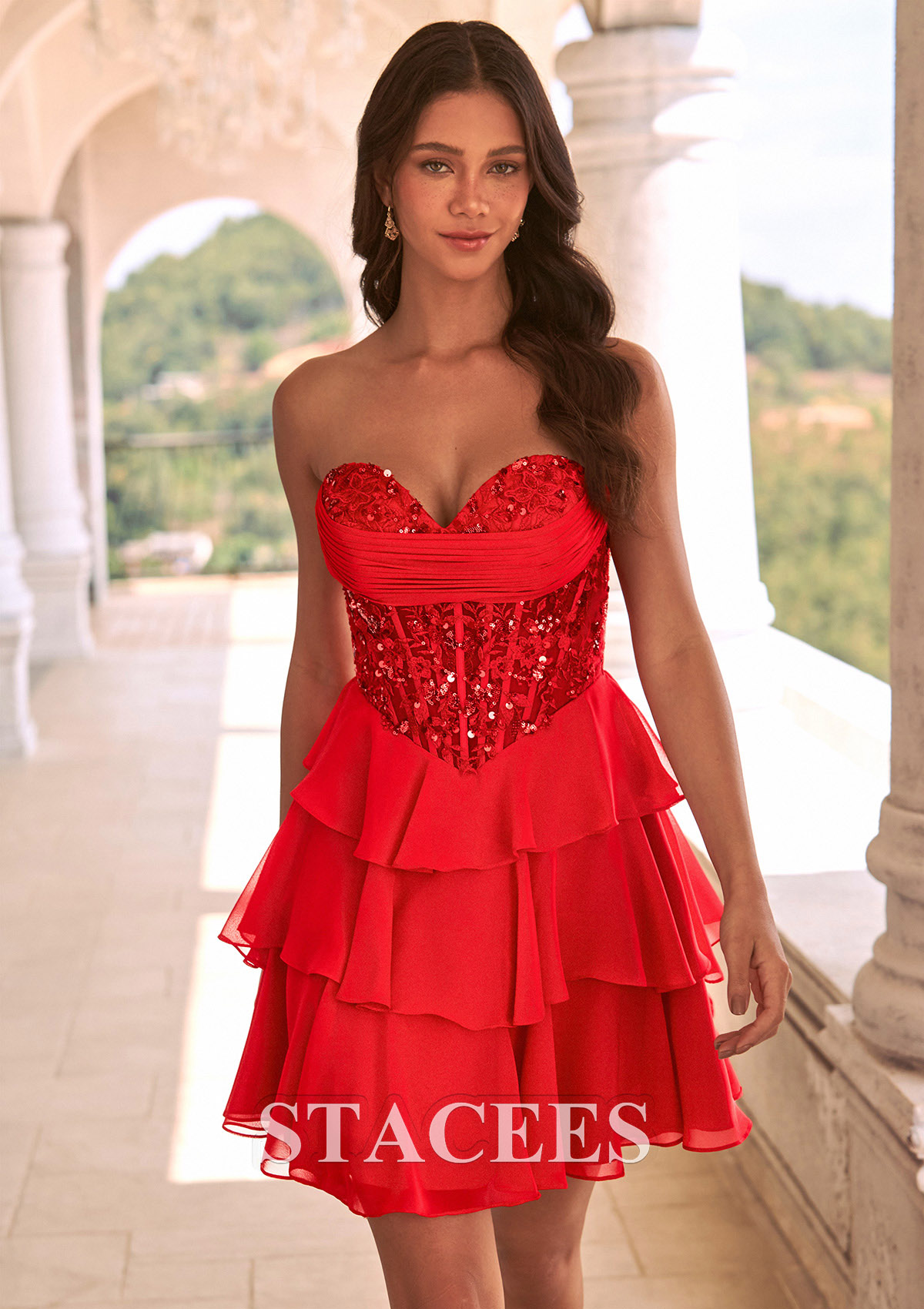 Red A-line Strapless Ruffle Chiffon Mini Homecoming Dress with Beaded Corset
