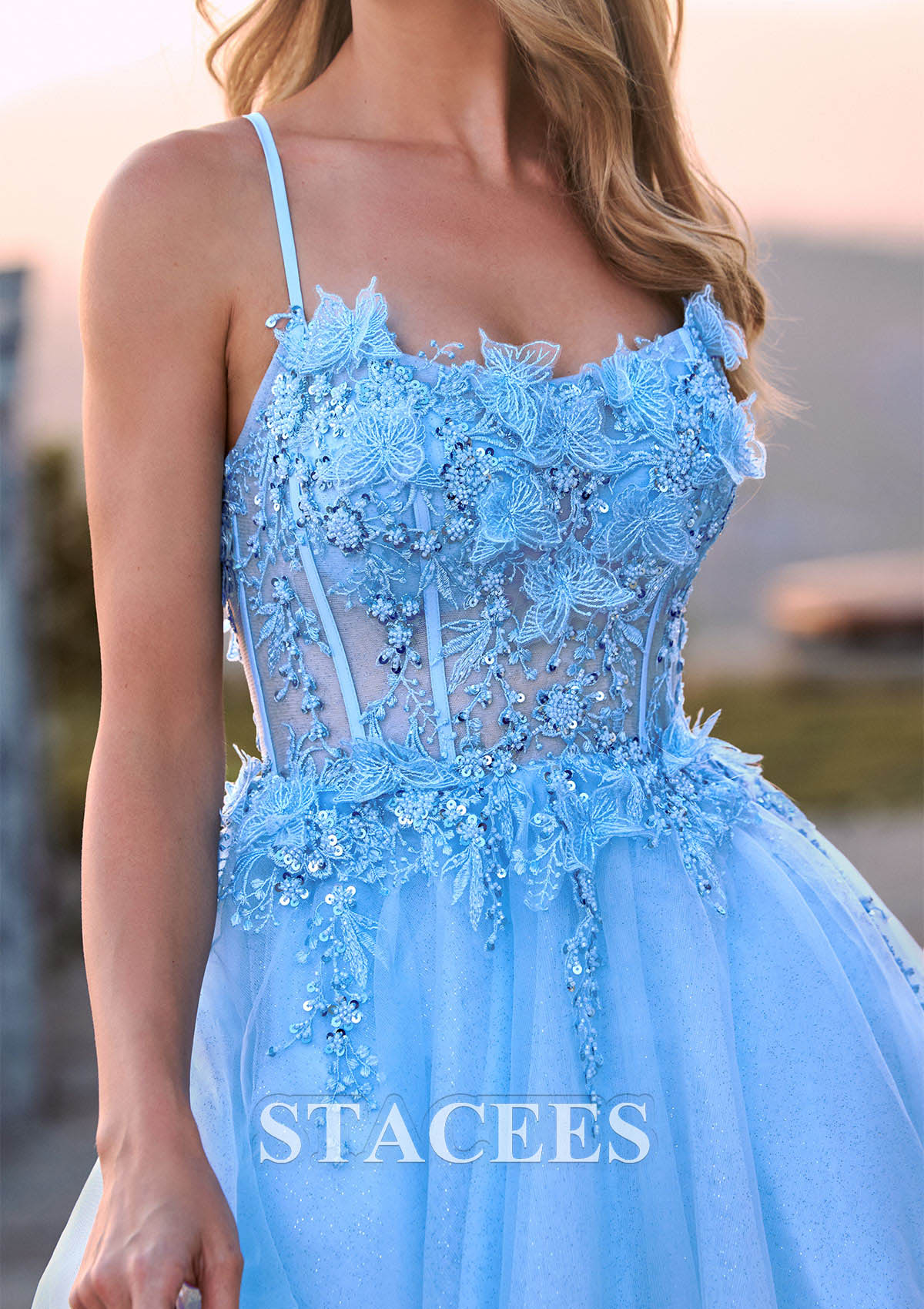 Sky Blue A-line Sparkly Tulle Mini Homecoming Dress with 3D Floral Lace Corset Glitter - STACEES